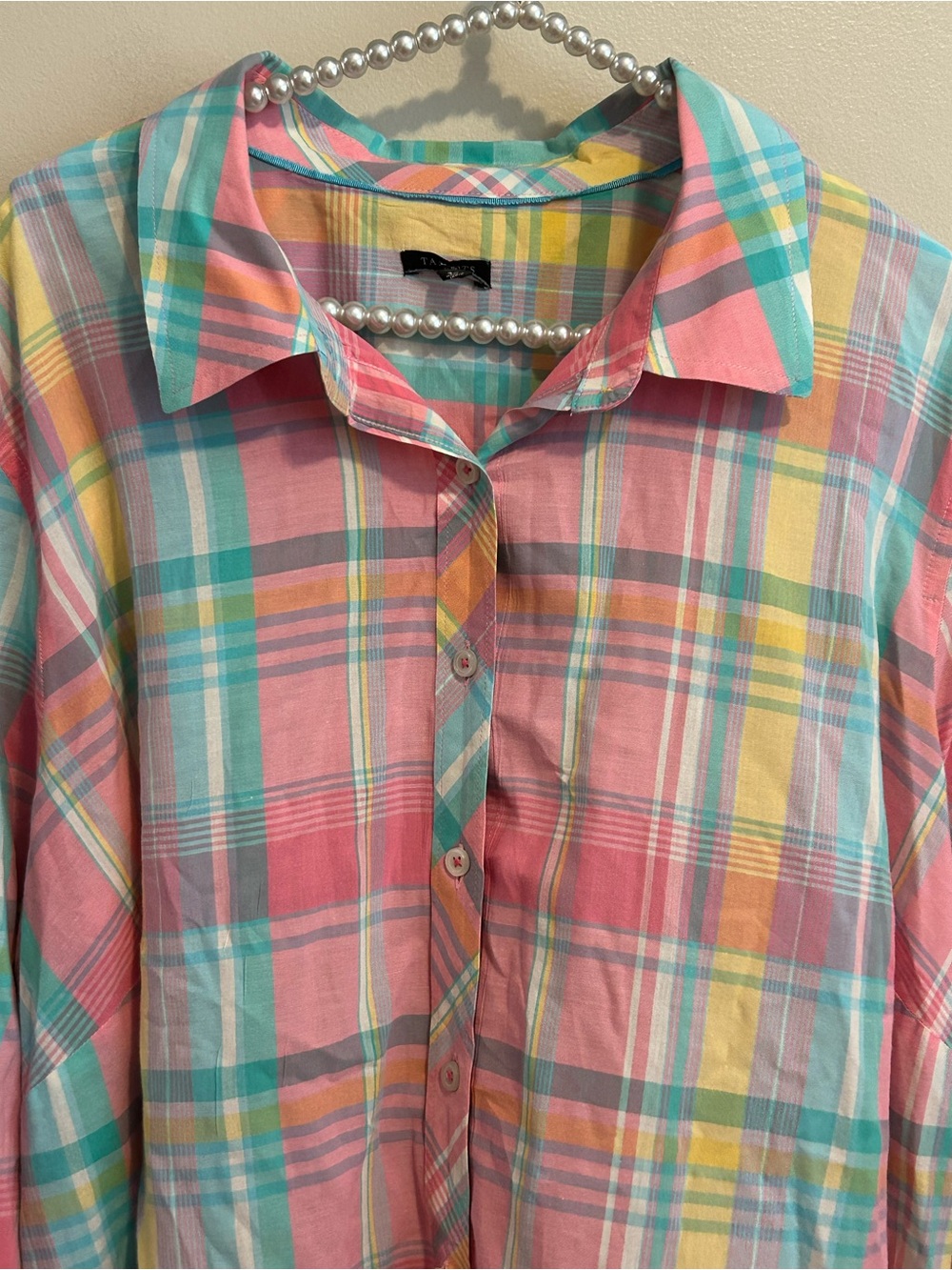 Talbots 3X Plaid Shirt Plus 100% Cotton Button Front Pink Aqua Yellow Pastel